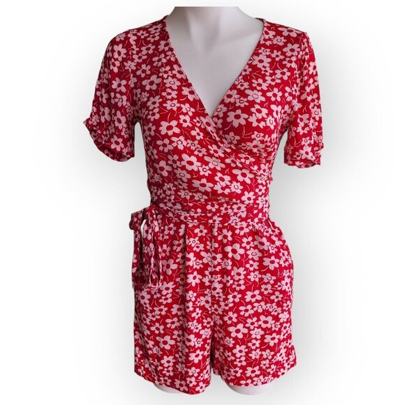 Madewell Red/White Daisy Wrap Romper Size 2 - Picture 2 of 14